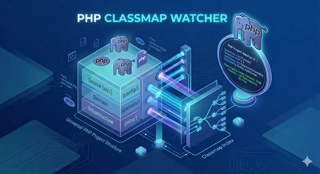 High-performance PHP autoloading infographic banner showing speed and efficiency concepts.