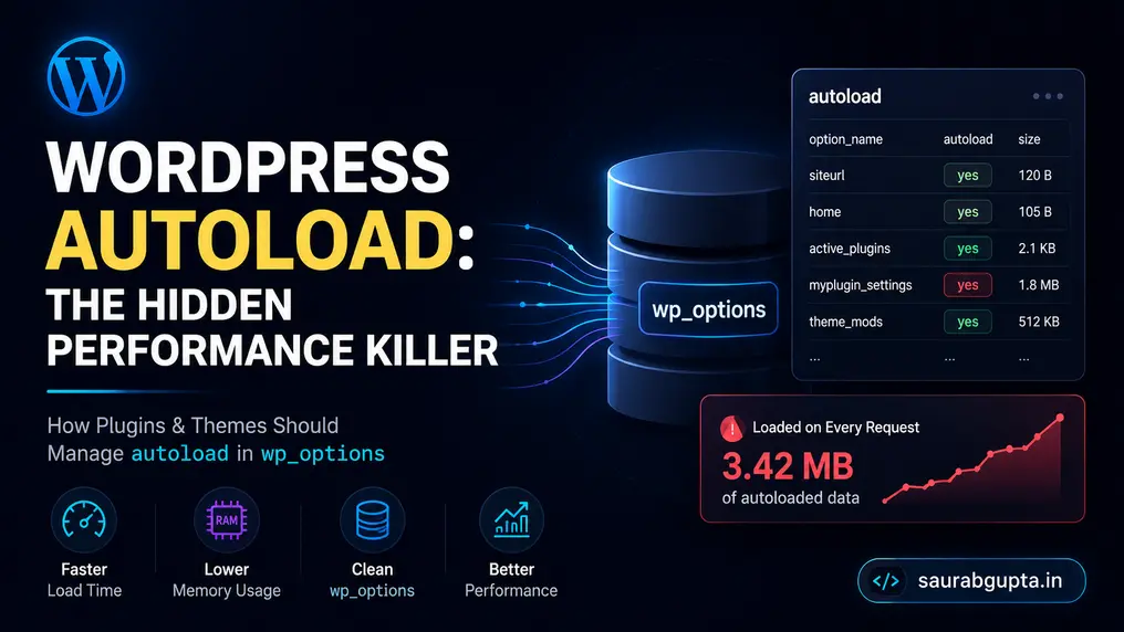 Diagram showing WordPress wp_options table with the autoload column highlighted